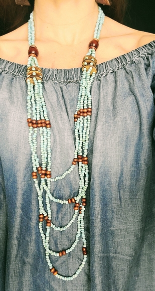 VTG Southwest Turquoise Wood Bead Layered Necklace - Picture 8 of 9